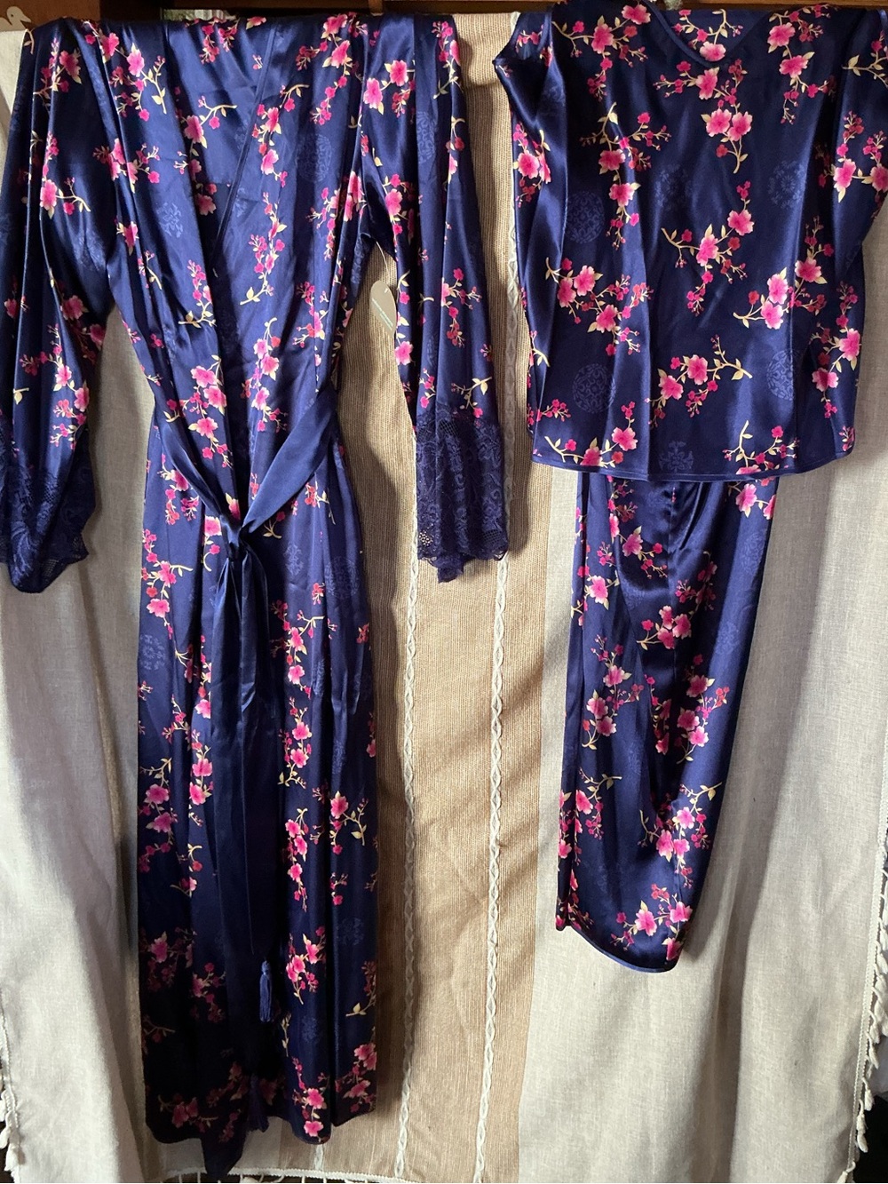 Valerie Stevens Navy Satin Floral Robe & Pajama Set